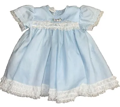 Vintage Mini World Baby Girl Newborn Blue Lace Ruffle Dress With Flowers • $19.95