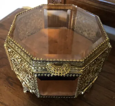 VINTAGE ORMOLU 8 Sided OCTAGON Casket Tufted JEWELRY Box Amber Beveled Glass • $119.99