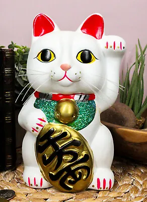 Japanese Lucky Charm White Beckoning Cat Maneki Neko Money Bank 8.5 H • $28.99