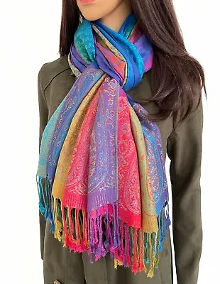 Large Multi Colour Leaf Paisley Print Pashmina Shawl Scarf Wrap Bright Rainbow • £8.99