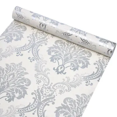 10m Grey Glistening Damask Wallpaper Vinyl Self Adhesive Wall Sticker Waterproof • £13.49