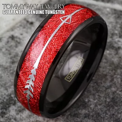 Black Tungsten Men's Ring Faux Red Meteorite W/ Silver Arrow Wedding Band • $14.99