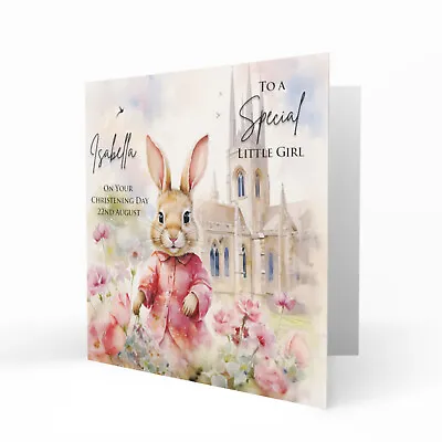 Personalised Christening Card For Girls Baptism Naming Day Cute Rabbit • £3.79