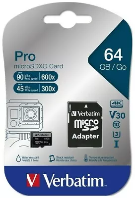 Verbatim PRO 64GB MicroSDXC Memory Card With Adapter Class 10 U3 4K 600x/300x • $19.99