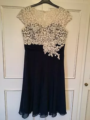 Jacques Vert Size 14 Ivory/Blue Beaded Dress Wedding/Occasion • £29.99