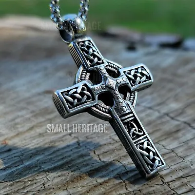 Small Heritage Celtic Irish Cross Necklace Stainless Steel Norse Viking Knot Men • $19.43
