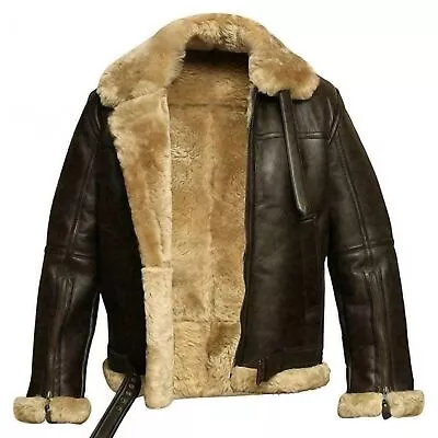 Men RAF B3 Aviator Pilot Bomber Fur Shearling Sheepskin Leather Brown Jacket • $79.99
