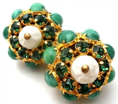 Crown Trifari Green Art Glass & Pearl Earrings Vintage Signed Clip On Jewelry • $295