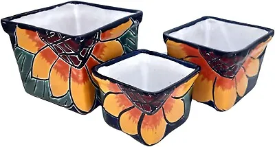Set Of 3 Mexican Talavera Pottery Hand Painted Succulent Pot Planters Sunflowers • $22