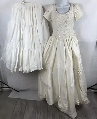 VTG Mori Lee Ivory 100% Silk Beaded Bridal Ball Gown Size 12 Wedding Dress • $125