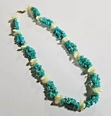 1980s Dyed Shell Necklace Turquoise And White 20  Long Chunky Beach Boho Vintage • $10