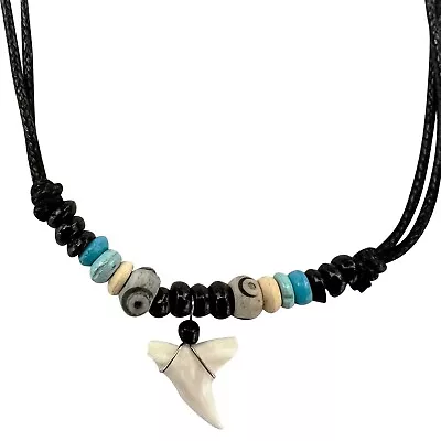 Shark Tooth Pendant Necklace Wood Beads Cord Chain Mens Ladies Costume Jewellery • £4.99