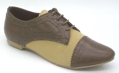 Ladies Size 3 5 8 Brown Faux Leather Lace Brouge Fashion Flat Sole Work Shoes • £7.99