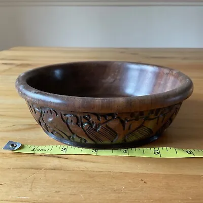 Vintage Wooden Hand Carved Round Decorative Bowl Dark Brown Diameter 6.5 Inch • £12.50