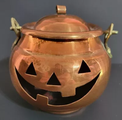 Vintage Copper Jack-O-Lantern Lidded Pumpkin Pot With Brass Handel Made Turkey • $45