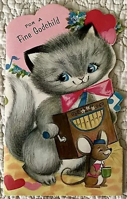 Vintage Valentine Cat Kitten Music Box Mouse Pink Bow Die Cut Greeting Card 1969 • $4.43