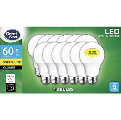 Great Value LED Light Bulb Medium Base Soft White 9W (60 Watt Equiv)12-Pack • $19.99