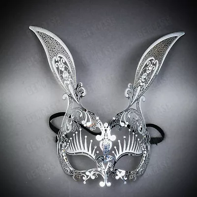 Silver Sexy Bunny Rabbit Metal Laser Cut Rhinestones Masquerade Women Party Mask • $27.90