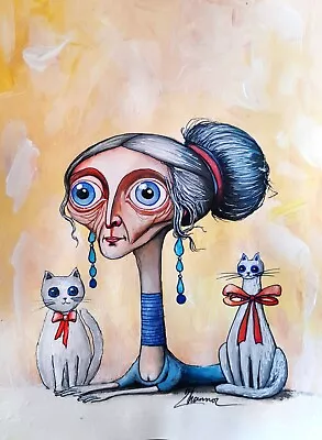 ORIGINAL ACRYLIC SURREAL ART NAIVE Woman & Cat Charmer PORTRAIT  MODERN PAINTING • $40.99