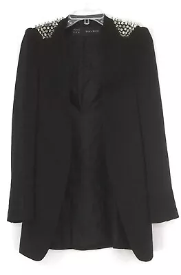 ZARA Woman’s Black Studded Spikes Blazer Open Long Line Stretch Size Small • £34.62