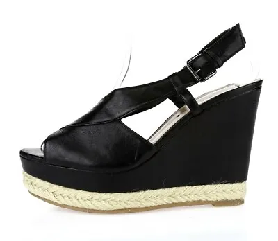 Womens Via Spiga Black Leather Slingback High Wedges Sandal Size 8.5 US 39.5 EU • $41.40