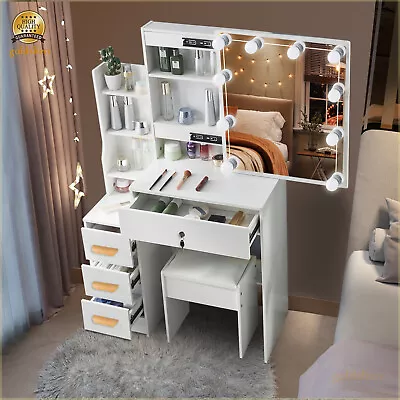 White Makeup Vanity Table Set With Sliding Mirror 7 Shelves Stool Dressing Desk • $168.80