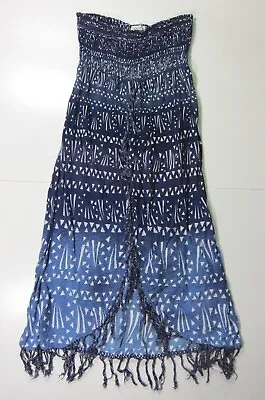 Volcom 100% Rayon Blue White Strapless Stretch Fringe Hippy Maxi Dress Women S • $22.49