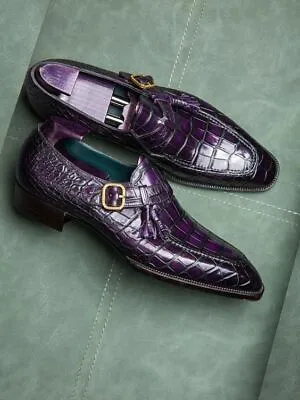 Handmade Purple Monk Strap Crocodile Shoes Leather Formal Office Shoes For Mens • $134.99