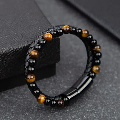 Natural Obsidian Tiger Eye Leather Wrap Bracelet For Men Friendship Protection • $12.99