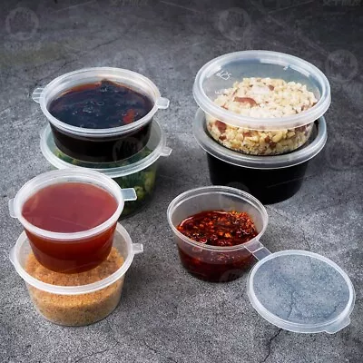 Portion Pots Hinged Lid 100 X Take Away Containers Deli Sauce Dip 1oz 2oz 4oz • £6.95