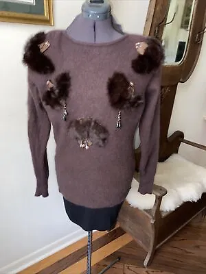 SANTAS VTG 80s 90s Wool Angora Glam Beaded FUR Embellished Sweater EU 46 US L • $15.49