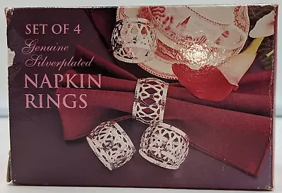 Vintage Silver Plated Filigree Design Napkin Rings Set Of 4 New Old Stock Boxed • $10.50