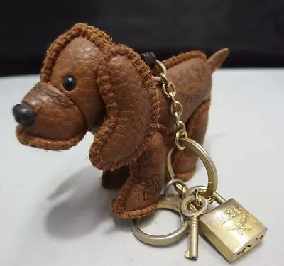 MCM Key Ring Bag Charm Dog Brown Chain Holder Gold Padlock Leather Used No Box • $123.20