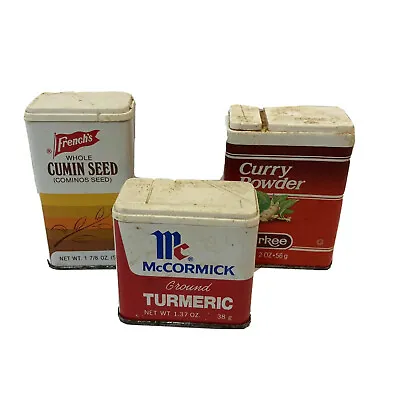 Set Vintage Spice Tins Frenchs McCormick Durkee 3” Tumeric Curry Powder Cumin • $13.19