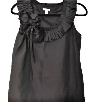 J. Crew Womens 100% Silk Black Ruffled Rosette Neckline Top Size 2 - EUC • $21