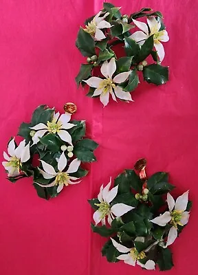 Vintage Christmas White Poinsettia Holly Taper Candle Plastic Floral Rings*set-3 • $4.05