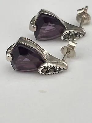 Purple  Stud Earrings Sterling Silver Marcasite • £10.90