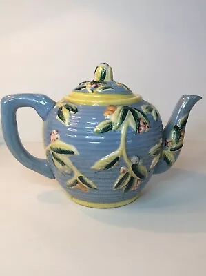 Classic Majolica Teapot Blue Yellow Trim With Vines And Berries • $10