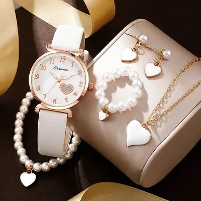 Luxury Watch Women Pearl Ring Necklace Earrings Bracelet Set Watches Love Design • £15