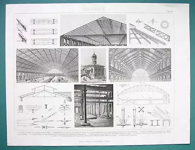 ARCHITECTURE Large Span Roofs London Berlin Vienna - 1870s Superb Print • $22