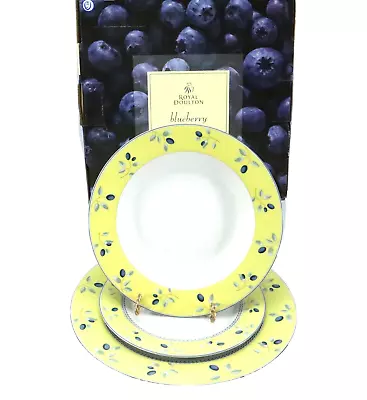 £17.86 • Buy Royal Doulton Blueberry 3 PIECE BOX SET Salad & Dinner Plate Soup Bowl 2005