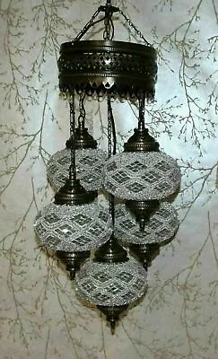 £194.95 • Buy 5 Large Globes - Turkish Moroccan Glass Mosaic Hanging Ceiling Chandelier Lamp
