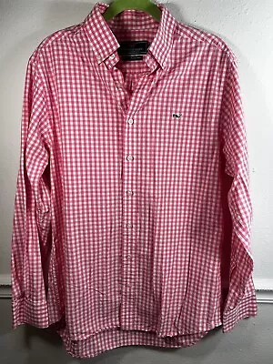 Vineyard Vines Slim Fit Whale Shirt M Pink White Gingham Plaid Button Down • $14.50