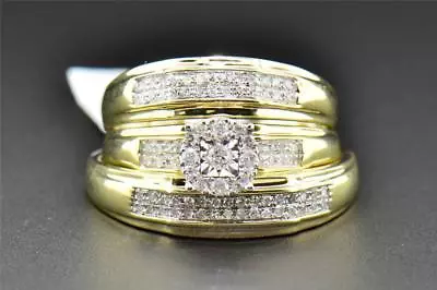 Diamond Trio Set His Hers Matching Engagement Ring Wedding Band 10K Yellow Gold • $725