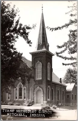 MITCHELL Indiana RPPC Photo Postcard  First Methodist Church  Street View 1950s • $3.75