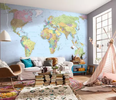 Giant Map Photo Wallpaper 368x248 Cm Blue Wall Mural Bedroom Office Political • $166.52