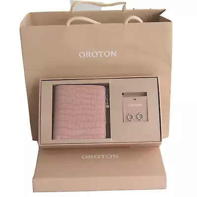 $138 • Buy OROTON Embossed Pink Leather Wallet & Stud Earrings Gift Box Set NEW IN BOX