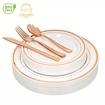 $25 • Buy *On SALE* ROSE GOLD Plastic Disposable Plates Silverware 26 Guests 130 Pcs