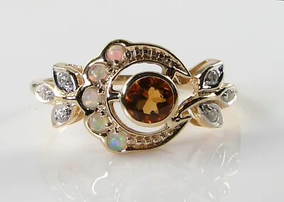 £289 • Buy 9k 9ct Gold Madeira Citrine Opal Diamond Art Deco Ins Sun Moon Ring Free Resize