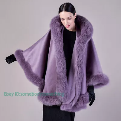 Women's 100% Genuine Fox Fur Shawl Cashmere Wool Ponchos Cape Cardigan Coat Tops • $284.99